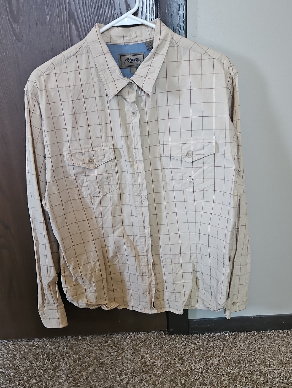 Roper Beige Shirt with Brown Windowpane Lines